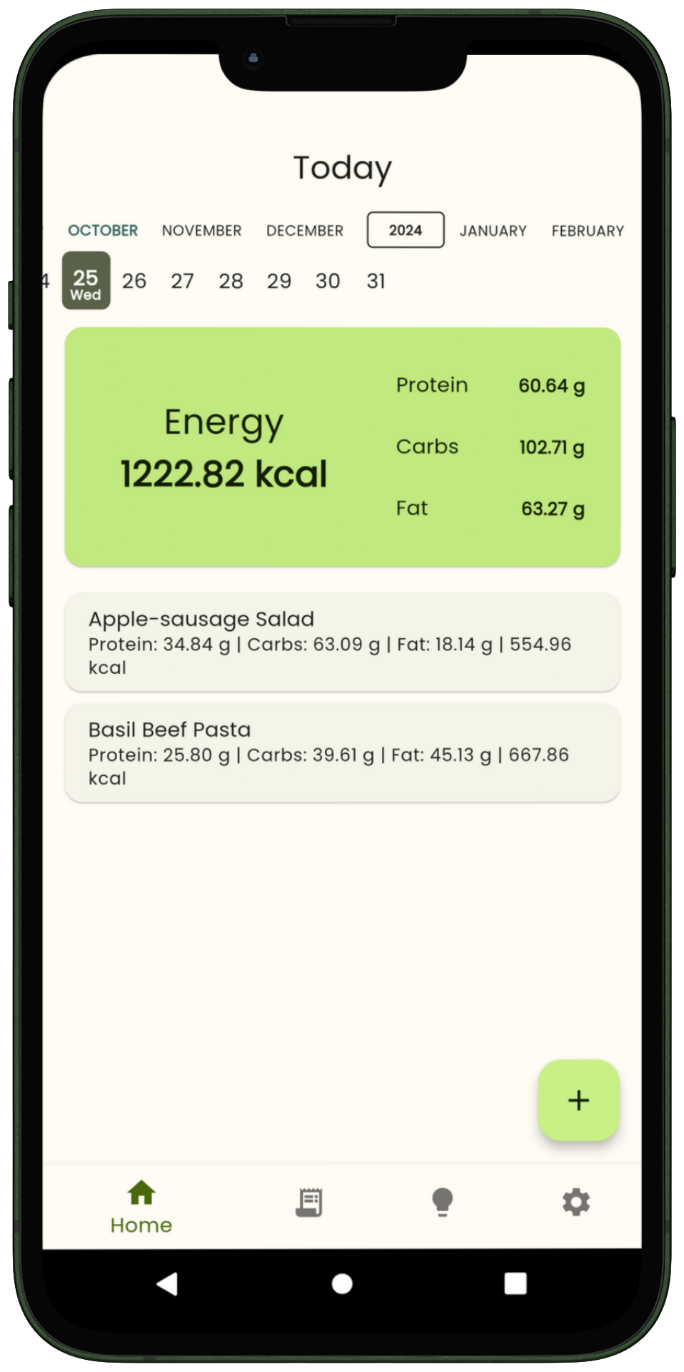 Dashboard with meals schedule and their macronutrients