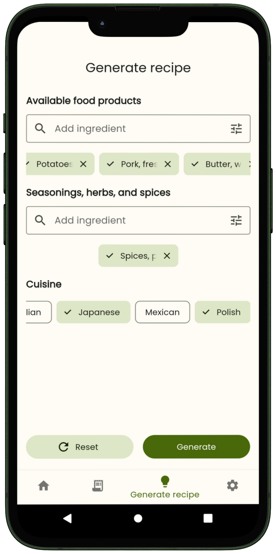 Recipe generator with selected ingredients and cuisine